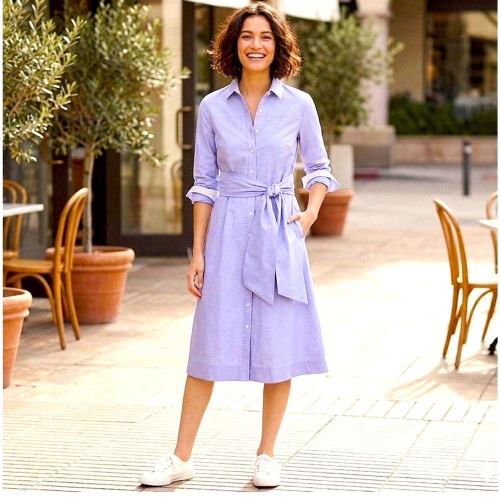 J. Crew Tie Waist Midi Button Down Shirt Dress End-On-End Cotton in Peri Size 0